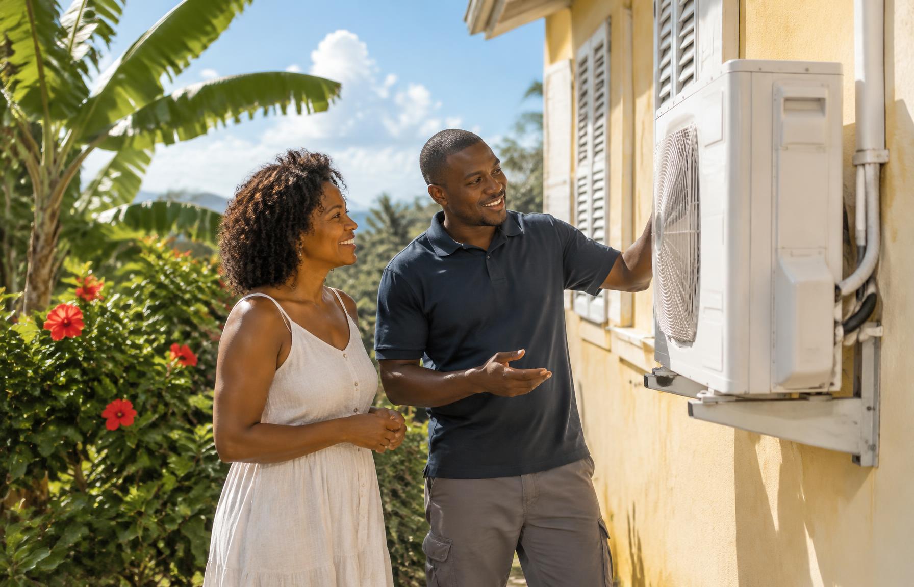 Un installateur présente la climatisation posée sur le mur extérieur à une habitante, devant sa maison créole